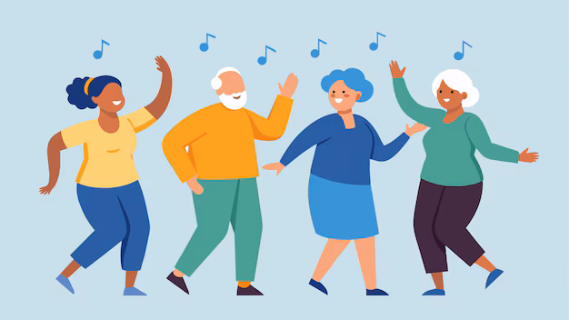 dibujos de personas mayores bailando la musica - musicoterapia en residencias de ancianos